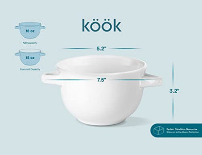 KooK Soup Bowls, French Onion Crocks, Oven Safe Dishware, Mugs, Ceramic Set, Dishwasher, Microwave, Set of 4, 18 oz (White) - color: White