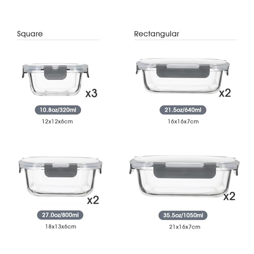 S SALIENT 18 Pieces Glass Food Storage Containers with Lids,Airtight Glass Meal Prep Containers,Glass Storage Containers Set for Kitchen,Pantry BPA Free & Leak Proof (9 lids & 9 Containers) - color: Gray