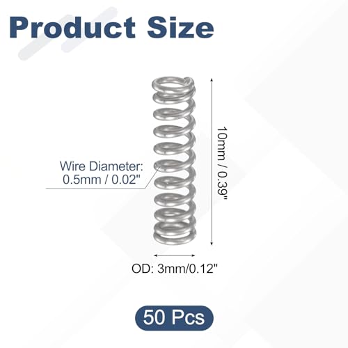 uxcell 50Pcs 304 Stainless Steel Compression Springs, 0.5mm x 3mm x 10mm Small & Tiny Pen Spring for Home Repair & DIY, Workshop & Industrial Use, (Silver Tone) - size: 3mmx10mm
