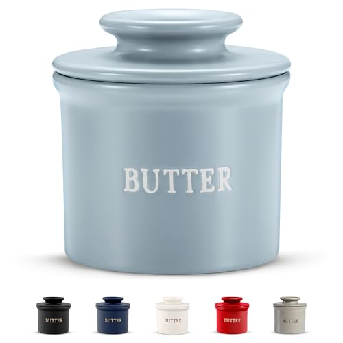 Kook Butter Keeper Dish, French Ceramic Crock For Counter With Lid, Embossed Container, For Soft Butter, Perfect for Chrismas Gift, Home and Kitchen Decor (Casper Blue) - color: Casper Blue