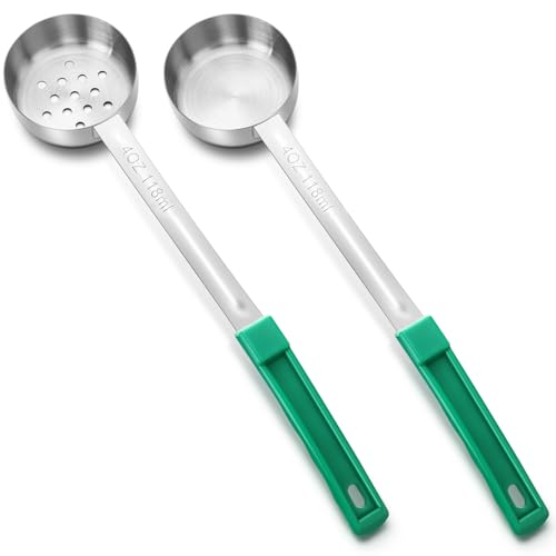 Teenyyou 2 Pcs Portion Control Serving Spoons, Restaurant Measuring Serving Ladle Utensils, Portion Spoons for Weight Loss, Kitchen (Green,4 oz,Solid and Slotted) - color: Green, size: 4 oz, style: Solid and Slotted