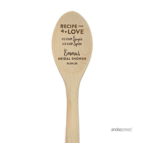 Andaz Press Personalized Laser Engraved Wooden Mixing Spoon, 12-inch, Recipe for Love 1 Cup Sugar 1/2 Cup Spice, Emma's Bridal Shower 01.04.20, 1-Pack, Custom Names and Date - color: Custom Wedding Recipe For Love