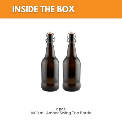 FastRack 33 oz Amber Swing Top Glass Bottles – 2 Pack | Flip Top Airtight Bottles (Not Olive Oil Style) | UV-Protective Bottles for Kombucha, Beer, Soda & Fermentation - color: Amber