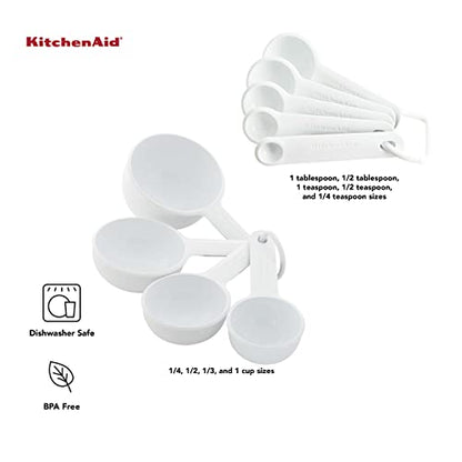 KitchenAid Universal Easy To Read Measuring Cup and Spoon Set with Soft Grip Handle for Maximum Control, Hang Hole and Nesting For Easy Storage, Dishwasher Safe, 9 Piece, White - color: White