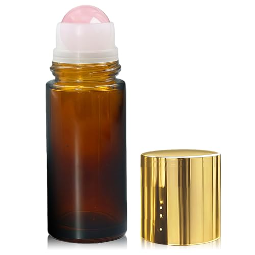 Rose Quartz Roller Bottles for Essential Oils, 50ml Refillable Amber Glass Roll On Bottles with Natural Crystal Roller Balls, Leak-Proof Travel Perfume Bottle with Gold Caps - color: Pink