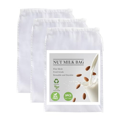 3 Pack Reusable Nut Milk Bag, Food-Grade Nylon Cheese Cloth Bag for Straining, Strong Fine Mesh Strainer Bags with Drawstring for Nut Milk, Cold Brew Coffee, Greek Yogurt, Tea and Juice, 9.5"x14"