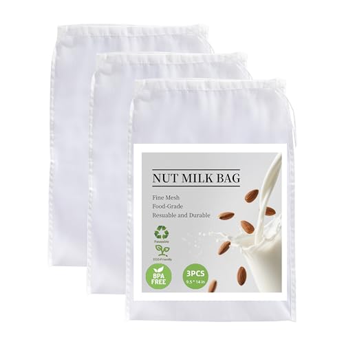 3 Pack Reusable Nut Milk Bag, Food-Grade Nylon Cheese Cloth Bag for Straining, Strong Fine Mesh Strainer Bags with Drawstring for Nut Milk, Cold Brew Coffee, Greek Yogurt, Tea and Juice, 9.5"x14"