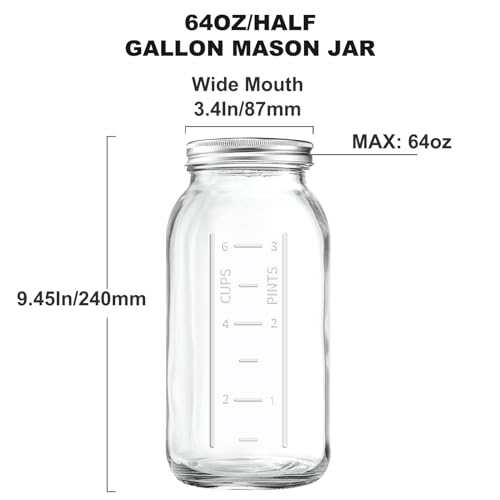 64 OZ Wide Mouth Mason Jars with Lids, Heavy Duty Glass Airtight Storage Canning Jar and Band Half Gallon / 2 Quart, Set of 3