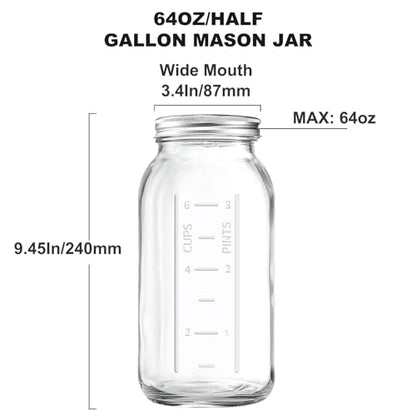 64 OZ Wide Mouth Mason Jars with Lids, Heavy Duty Glass Airtight Storage Canning Jar and Band Half Gallon / 2 Quart, Set of 3