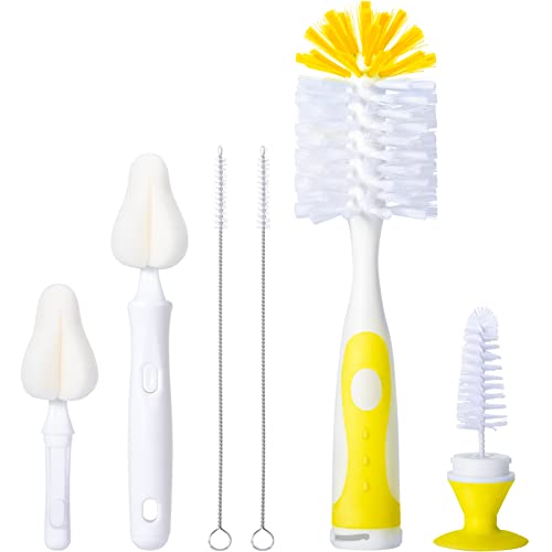 CAREBABYMORE Baby Bottle Brush Set with Nipple Cleaner and Suction, 10.2" Cleaning Brush and 6.5" Sponge Bottle Brush with A Replacement Brush Head and Two 6.7" Straw Brushes, Pack of 5 (Yellow) - color: Yellow
