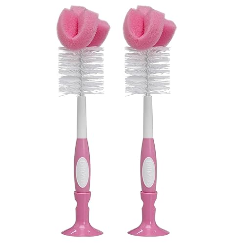 Dr. Brown's Reusable Sponge Baby Bottle Cleaning Brush with Suction Cup Stand, Scrubber and Nipple Cleaner, BPA-Free, Pink, 2-Pack - color: Pink Bottle Brush, size: 2-Pack