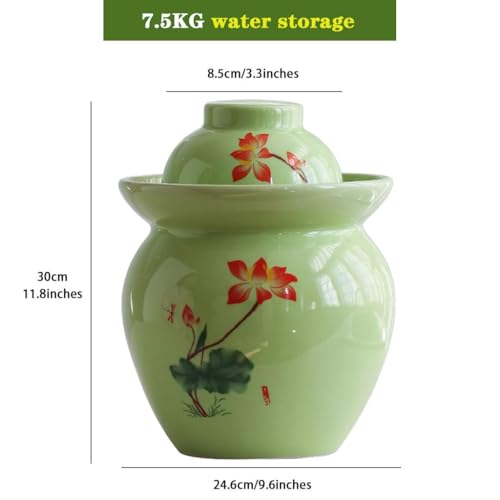 Lotus Pattern Fresh Kimchi Jar, Double Lid Design Fermentation Crock, Traditional Water-Sealed Pickling Tank, High Temperature Ceramic Material(7kg/246.9oz) - size: 7kg/246.9oz