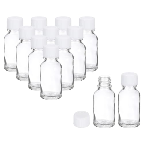 PATIKIL 0.5oz(15ml) Glass Sample Bottles, 12Pcs Round Bottle Dispensing Bottles with White Poly Cone Cap for Reagent Liquids, Juice, Perfume Hot Sauce Ginger Shots, Transparent - color: Clear,White, size: 0.5 oz