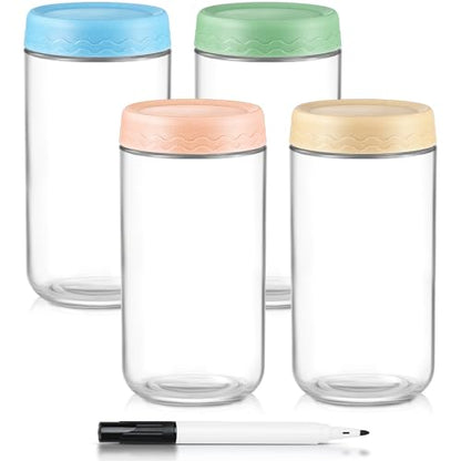DRKIO 24 Oz Overnight Oats Containers with Lids - 4 Pack Glass Storage Jars with Airtight Lids Wide Mouth Mason Food Jars Great for Meal Prep Salad Chia Pudding Snacks Yogurt Sugar Spice Cereal - color: 24 Oz - 4 Colors