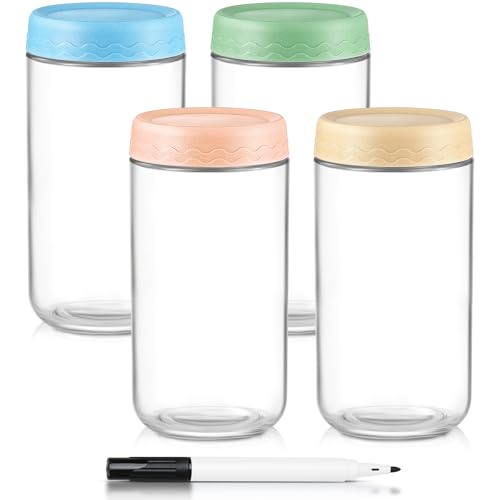 DRKIO 24 Oz Overnight Oats Containers with Lids - 4 Pack Glass Storage Jars with Airtight Lids Wide Mouth Mason Food Jars Great for Meal Prep Salad Chia Pudding Snacks Yogurt Sugar Spice Cereal - color: 24 Oz - 4 Colors