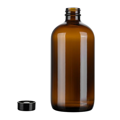 Restaurantware Vetri 16 Ounce Boston Glass Bottles, 12 Bottles With Black Phenolic Caps - Dishwashable, Round, Amber Glass Bottle, For Secondary Kombucha Fermentation, Homemade Essential Oils - color: Amber, size: 16 Ounces