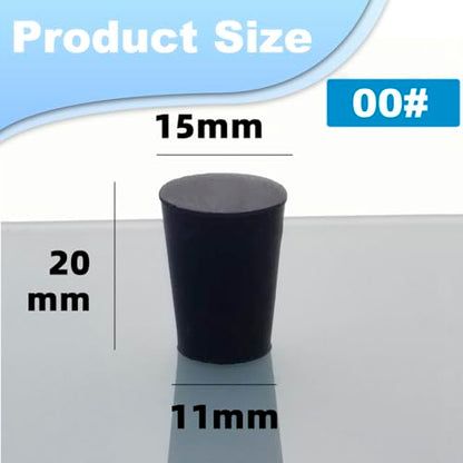 12pcs Lab Rubber Stoppers for Lab Tube 00# Hole Stopper | 11x15x20mm Stopper Size Black Tapered Shaped Solid Rubber Stopper - size: 00# Black