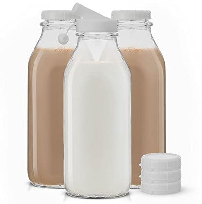 JoyJolt Glass Milk Bottles with Lids and Pourer – 32 Oz, 3 Pack Airtight Heavy Duty Reusable Glass Bottles, Leakproof, BPA-Free, Food Grade, Dishwasher Safe Jug, Pitcher for Milk, Juice, and Water - size: 32 Oz