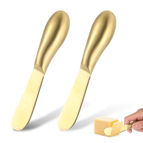 Dimeho 2 Pcs Butter Knife Little Cheese Spreader Knives Stainless Steel Spreader Knife Set Cocktail Knives for Condiments Cheese Charcuterie Board Jam Pastry making and Other Kitchen Daily - color: gold