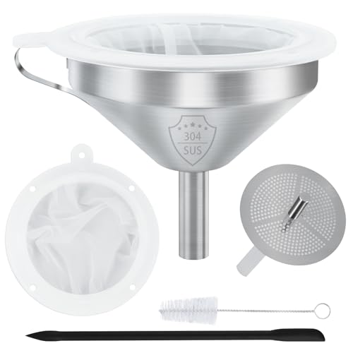 WMKGG 304 Stainless Steel Funnel, 5 Inch Funnels for Kitchen Use Filling Bottles, with 200 Mesh and 100 Mesh Fine Mesh Strainer, for Oils, Juice, Wine, Coffee, Milk, Tea, Powder - size: Funnels+Strainer