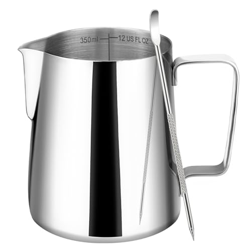 Amrules Milk Frothing Pitcher, 12oz Milk Frother Cup with Clear Scale, 304 Stainless Steel Cappuccino Espresso Machine Accessories for Barista Coffee Bar with Latte Art Pen, Silver - color: Silver, size: 12 Ounces