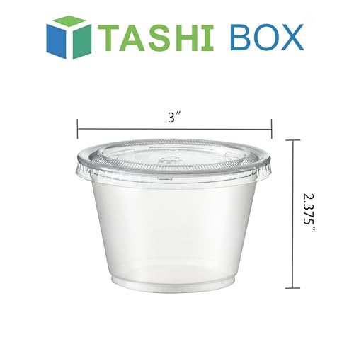TashiBox Plastic Portion Cups with Lids [5.5 oz-100 Sets] Souffle Cups, Jello Shot Cups, Condiment Sauce Containers For Sampling, Sauce, Snack or Dressing - size: 5.5oz-100Sets