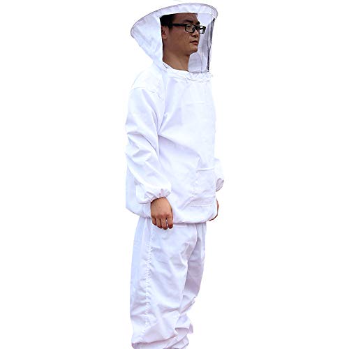 Bee Keeper Outfit, Bee Keeping Gear, Beekeeping Suit Protective with Veil Hood (Jacket, Pants, Gloves) White