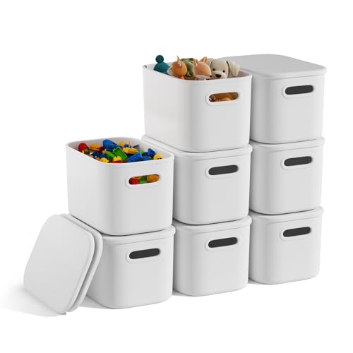 8 Pack White Storage Bins with Lids for Shelves, White Storage Containers with Lids for Organizing, Storage Box with Handle, Stackable White Plastic Bin for Classroom, Craft, Snacks - color: White, size: 8 Pack