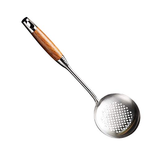 Slotted Spoon,304 Stainless Steel Skimmer Spoon with Heat Resistant Wooden Handle,Silver/15.8Inch - style: Skimmer Spoon-wood handle