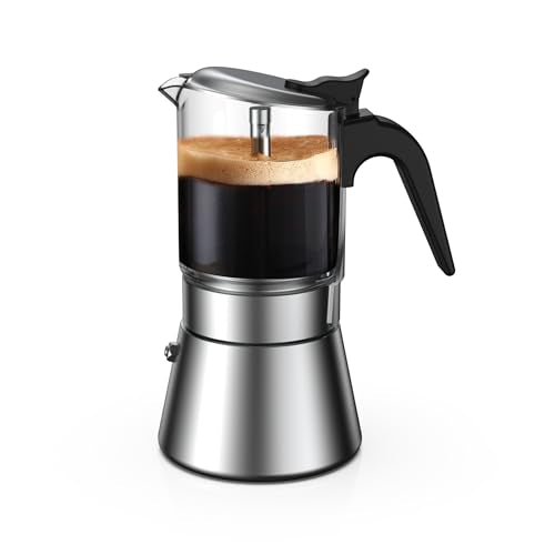 SIXAQUAE Moka Induction Stovetop Espresso Maker,Crystal Glass-top & Stainless Steel Espresso Moka Pot,Classic Italian coffee maker,240ml(6cup) - size: 240 ml - Standard