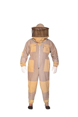 3 Layer Bee Suit with Fencing Veil and Round Veil One Pair Gloves Sting Proof Ventilated Beekeeping Suit, 2 Veils - color: Khaki, size: Small