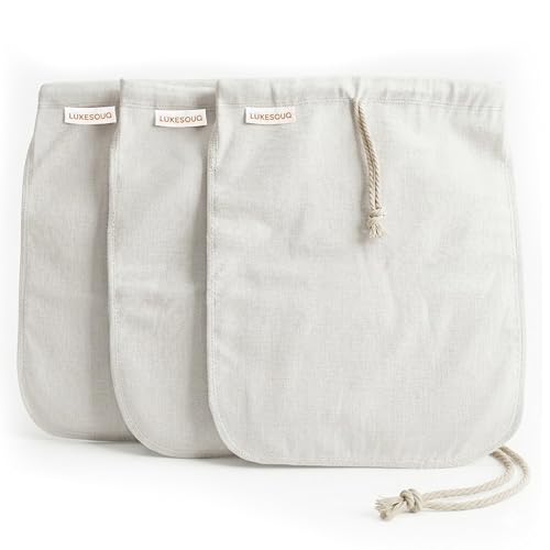 Organic Cotton Nut Milk Bags 3 Pack (10x12, 12x12, 13x13) Reusable Food Grade Fine Mesh Strainer for Almond Milk, Oat Milk, Cold Brew Coffee, Yogurt, Juice, Tea, Cheesecloth, Unbleached Cotton