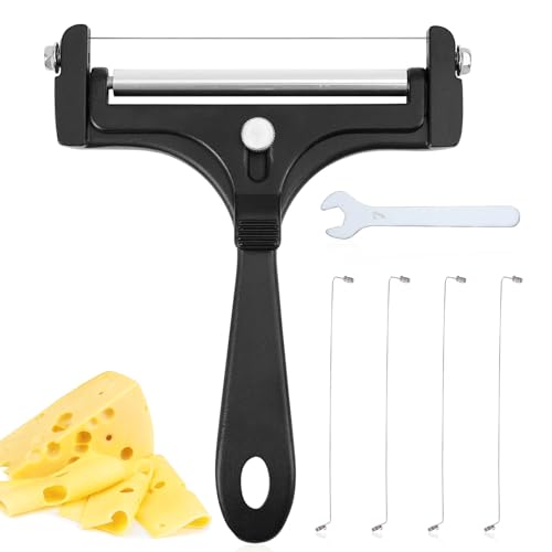 Gosknor 6pcs Cheese Slicer Kit, Stainless Steel Wire Cheese Cutter with 4 Extra Wires & Wrench Slicer Handheld Butter Cutter Food for Block Butter (Black) - color: Black