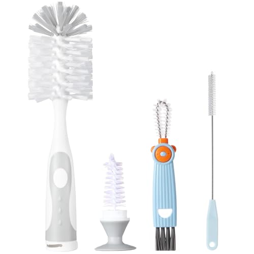 Baby Bottle Brush Set 4 in 1, Baby Bottle Cleaner, with 1P Nylon Bottle Brush, 1P Bottle Cap Brushes, 2P Straw Brushes, Bottle Brush with Nipple Cleaner and Suction Cup, BPA-Free(Grey) - color: Grey-nylon Brush
