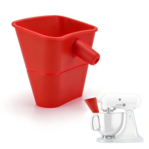 Silicone Flour Funnel for KitchenAid 5Qt Mixer, Wide-Mouth splashproof Design, Also for tilt Mixers 4.5 & 5 Quart (KSM150), Dishwasher Safe, an Essential Baking Tool(red)