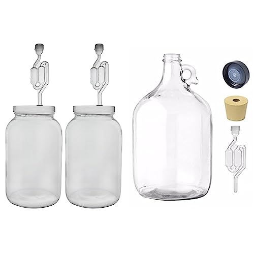 FastRack One gallon Wide Mouth Jar with Drilled Lid & Twin Bubble Airlock-Set of 2, multicolor (B01AKB4G9E), 1 gallons & 1 gal Jug W/Twin bubble Airlock, Polyseal Lid, #6.5 Drilled Stopper