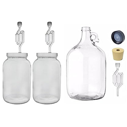 FastRack One gallon Wide Mouth Jar with Drilled Lid & Twin Bubble Airlock-Set of 2, multicolor (B01AKB4G9E), 1 gallons & 1 gal Jug W/Twin bubble Airlock, Polyseal Lid, #6.5 Drilled Stopper