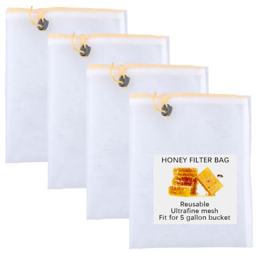 CRASPIRE 4Pcs Honey Strainer Honey Filter Bag in a 5 Gallon Bucket Reusable Ultra-Fine Mesh Strainer with Adjustable DrawstringBeginner Honey Extractor Equipment Washable Bee Supplies for Farmers
