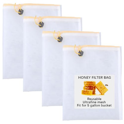 CRASPIRE 4Pcs Honey Strainer Honey Filter Bag in a 5 Gallon Bucket Reusable Ultra-Fine Mesh Strainer with Adjustable DrawstringBeginner Honey Extractor Equipment Washable Bee Supplies for Farmers