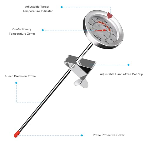 Stainless Steel Candy Thermometer with Pot Clip Deep Fry Oil Thermometer with 9" Long Probe & 2" Dial Accurate Temperature Reading for Cooking Candy Sugar Jelly Syrup Deep Frying Thermometer
