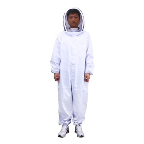 POPETPOP Hooded Beekeeping Suit for Full Body Protection Elasticized Cuffs Ankles XXL Size White