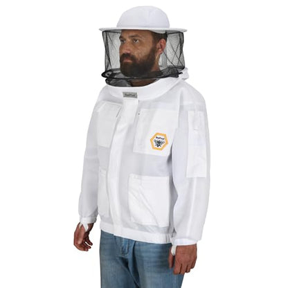 Bee Jacket Mesh Ventilation for Professional Beekeeper's Total Protection - Light Weight - YKK Zipper with Carring Bag 2 Veil Options (Fencing & Round) BP-401 (White - 3XL) - color: White, size: 3XL