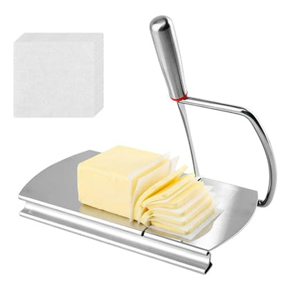 Cheese Slicer, Stainless Steel Cheese Cutter with Precision Grid Scale, Multipurpose Cheese Slicers for Cheese, Butter, Vegetables, Sausages, Comes with 50 Pcs Liner Papers