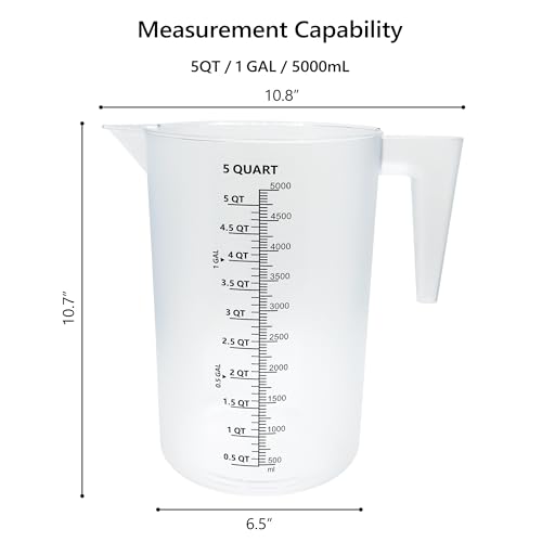 Large 5000 ml Measuring Cup, 1 Gallon Measuring Pitcher with Quart, Gallon & mL Markings, Heavy-Duty Measuring Container for Engine Oil, Chemicals, Mixing & Fluid Transfer - size: 1 Gal (5 QT / 5000 mL）