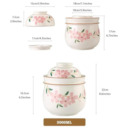 Hand-Painted Cherry Blossom Storage Jar, Double Lid Design Fermentation Crock, Household Water Seal Design Kimchi Jar, Ceramic Grain Container(3000ml) - size: 3000ml