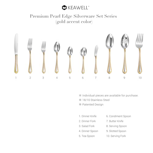 KEAWELL Pearl Edge 4-Piece Premium Dinner Knives: Stainless Steel Table Knives with a Refined Bead Design, Brightly Polished, 9.6 Inches, Dishwasher Safe. (Gold Accent) - color: Gold Accent