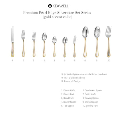 KEAWELL Pearl Edge 4-Piece Premium Dinner Knives: Stainless Steel Table Knives with a Refined Bead Design, Brightly Polished, 9.6 Inches, Dishwasher Safe. (Gold Accent) - color: Gold Accent