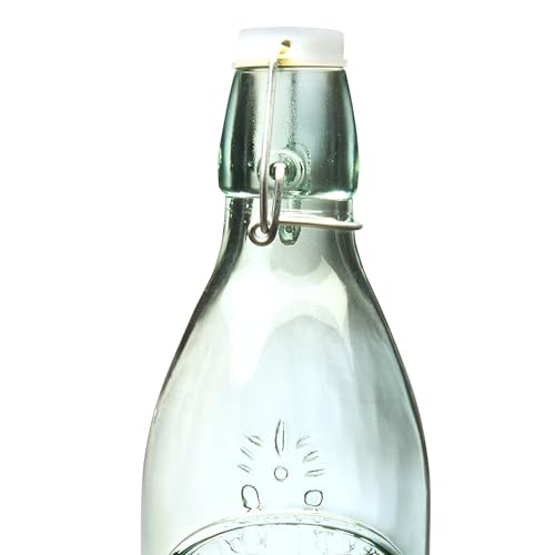 10 Strawberry Street Glass Water Bottles with Swing Top Lid, 34 oz Clear Embossed Bottle, Hermetic Airtight Seal, Made in Italy, Set of 6
