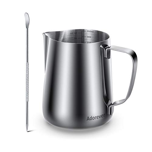 Milk Frothing Pitcher, Thicker Version 350ml 12oz Steaming Pitchers Stainless Steel Milk Coffee Cappuccino Latte Art Barista Steam Pitchers Milk Jug Cup with Decorating Pen - color: I Silver - Thicker, size: 12 Ounces
