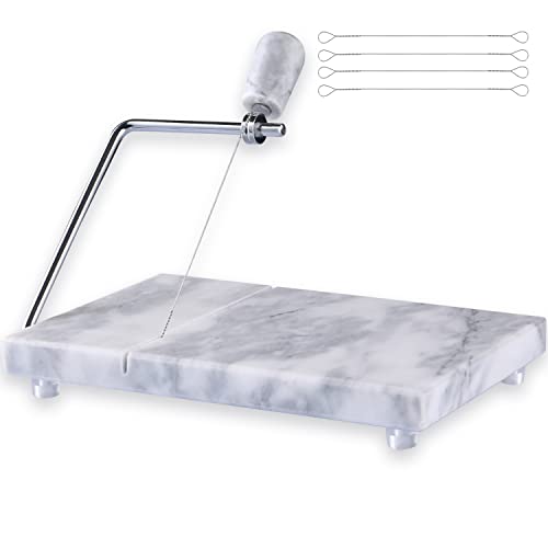 Cheese Slicer, Cheese Cutter Heavy Duty 5" x 8", Polished Marble Cheese Slicer Board for Cut Block Cheeses, Butter, Meats, Other Appetizers (White Grey)